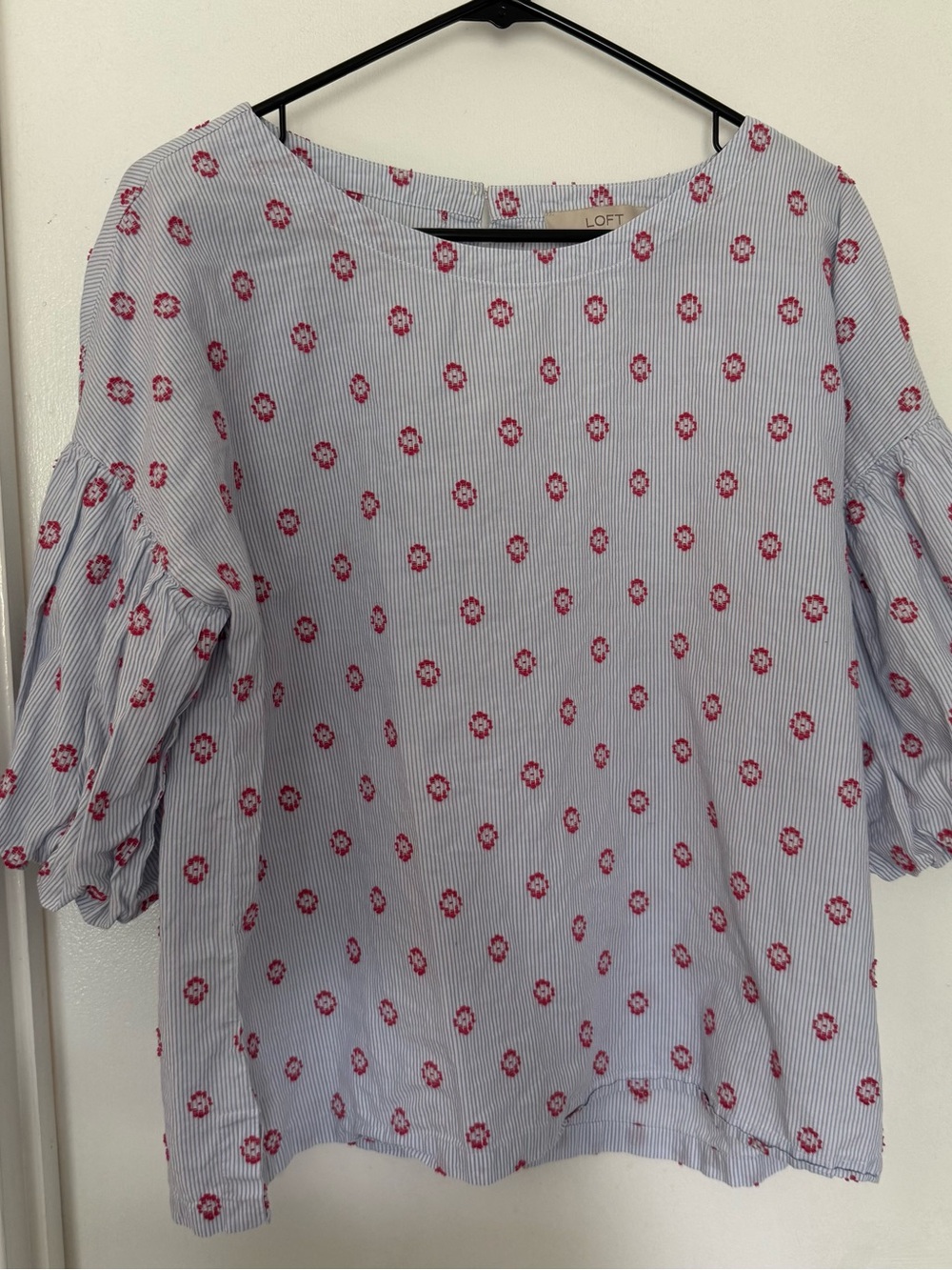 LOFT Blue Pinstripe Blouse with Red Floral Print